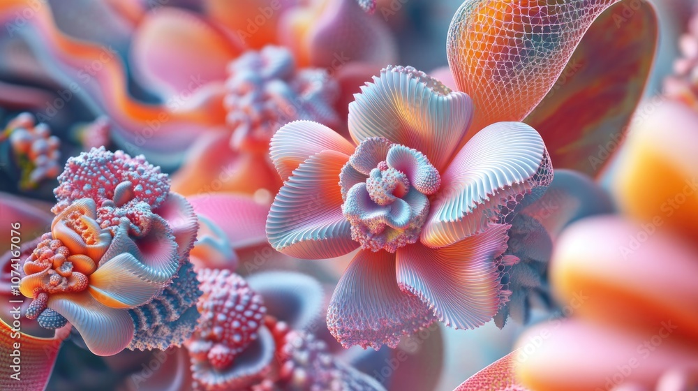 Poster Abstract fractal patterns and shapes in a 3D cartoon rendering featuring flowers and spirals