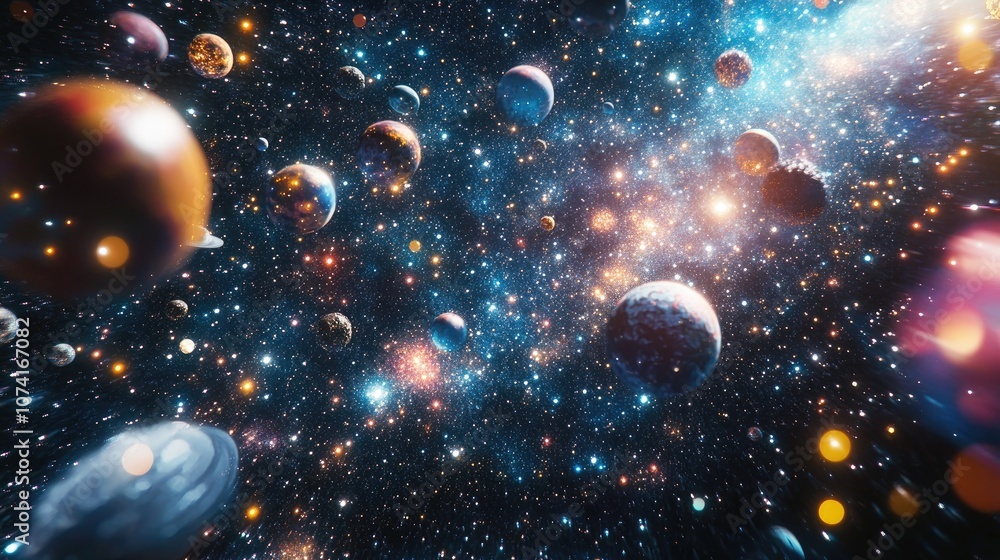 Poster 3D cartoon visualization of a 2D illustration featuring a realistic star pattern background An empty interstellar space with bright flashing stars planets and moons A variety of creative backdrops