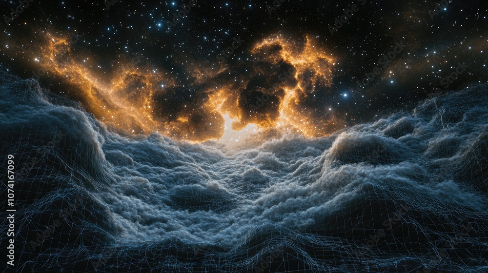 Aufkleber 3D illustration of an abstract landscape featuring a starry outer space texture set against a dark background with a cyberspace grid and high tech network elements