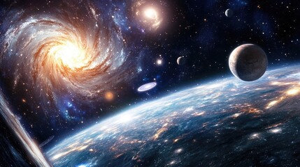 Obraz premium 3D cartoon depiction of celestial bodies and a galaxy in open space