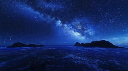 Panorama of a blue night sky featuring the Milky Way and numerous stars against a dark backdrop captured with long exposure and adjusted white balance in a 3D cartoon rendering