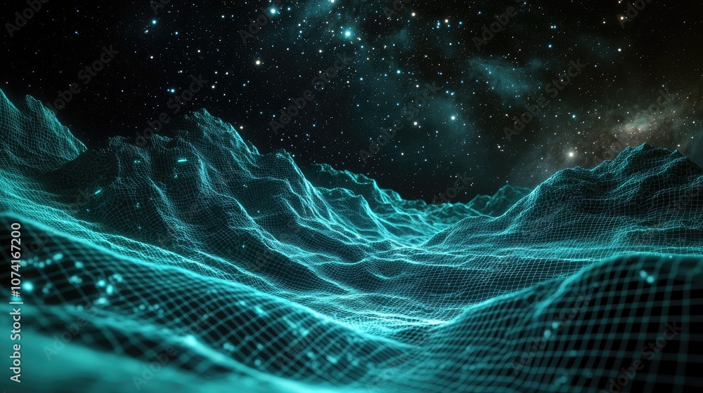 Leinwandbilder abstract landscape featuring a starry outer space texture with a 3d cartoon rendering of a cyberspac