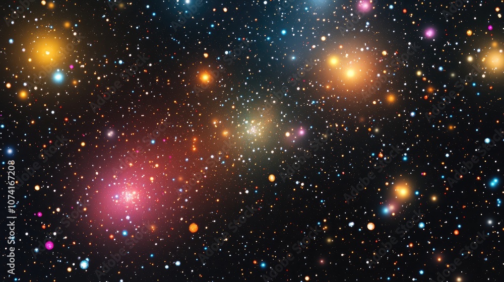 Poster illustration of a deep space star field rendered in 3d cartoon style featuring a universe filled wit