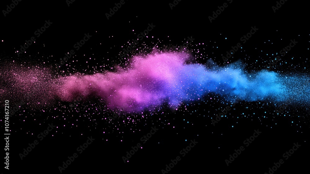 Poster Abstract powder splatted background in a 3D cartoon rendering capturing the freeze motion of color powder exploding and throwing color with a vibrant glitter texture against a black backdrop