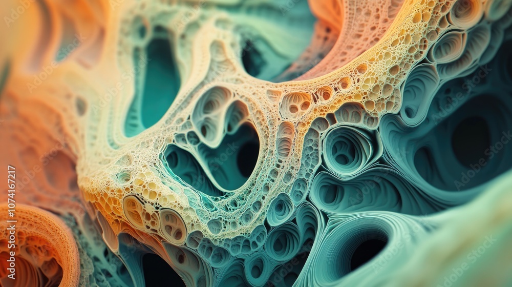Poster Abstract fractal patterns and shapes rendered in 3D cartoon style An infinite universe with a mysterious psychedelic relaxation pattern featuring dynamic flowing natural forms sacred geometry and 