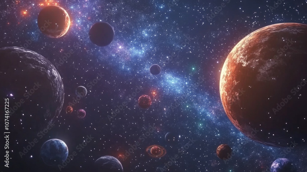 Poster 3d cartoon depiction of 2d illustration featuring deep interstellar space with stars planets moons a
