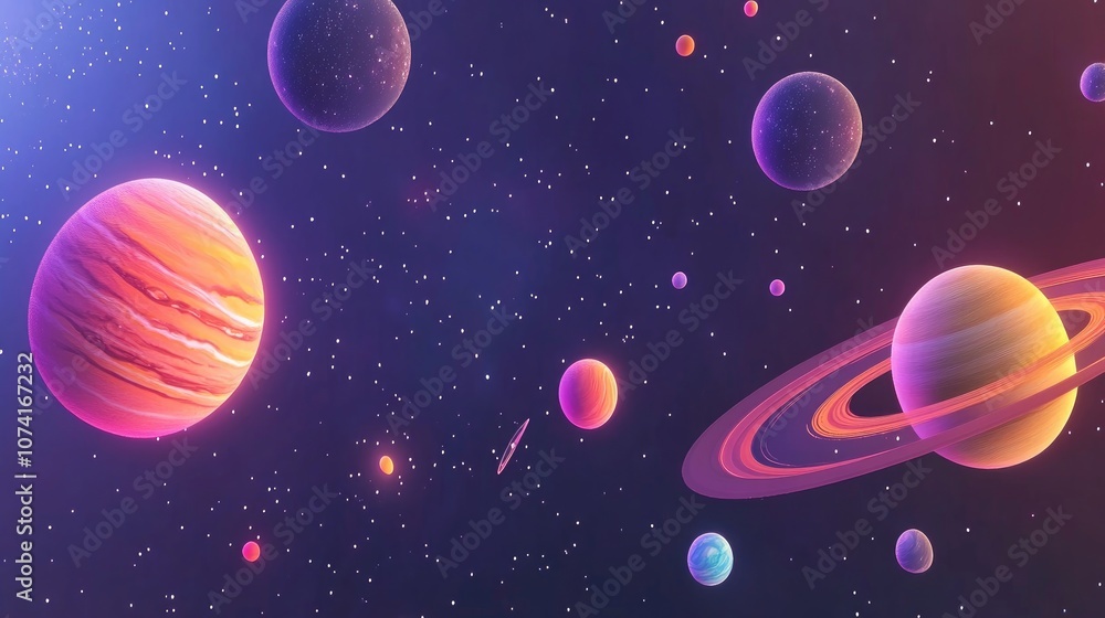 Poster cartoon rendering in 3d of galaxies stars and planets in outer space highlighting the beauty of spac