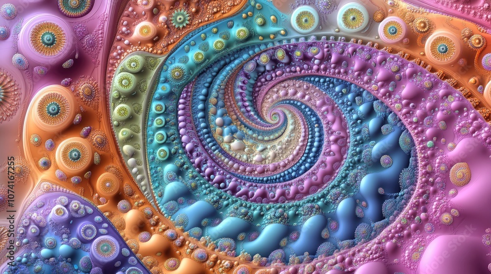 Poster Abstract fractal patterns and shapes rendered in 3D cartoon style Infinite universe with a mysterious psychedelic relaxation pattern featuring dynamic flowing natural forms Sacred geometry with my