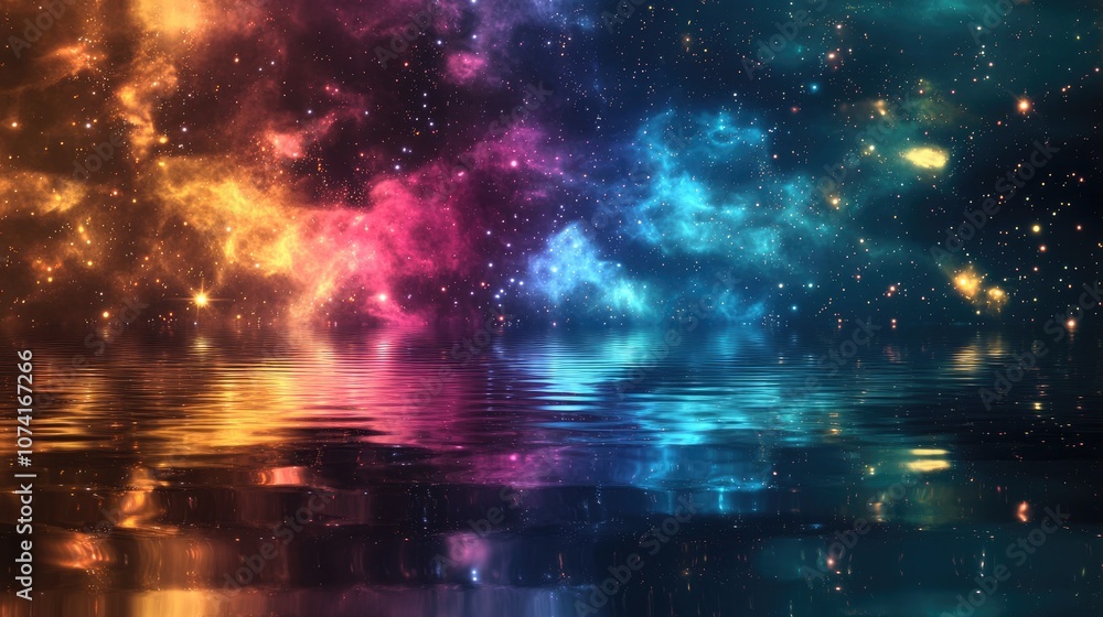 Poster Fractal image of an abstract star galaxy or constellation background border reflected in water in 3D cartoon rendering