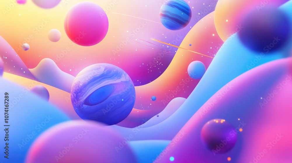Poster Colorful artistic abstraction depicting the geometry of virtual space featuring elements like planets galaxies stars the cosmos seas earth sunsets globes and abstract shapes in a 3D cartoon style