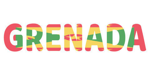 The country name GRENADA is displayed in large, bold letters. Each letter is filled with the colors and symbols of the Grenadian flag.