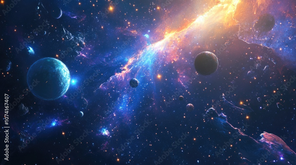 Poster a 3d cartoon depiction of a vibrant cosmos featuring bright stars planets and moons diverse science 