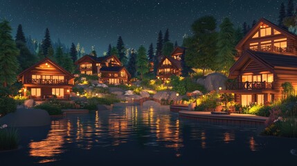 Fototapeta premium Nighttime scene featuring wooden houses and chalet villas rendered in 3D cartoon style