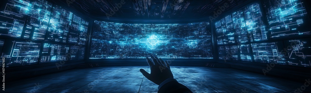 Aufkleber a futuristic scene depicting a hand reaching towards vibrant blue lights in a digital environment, s