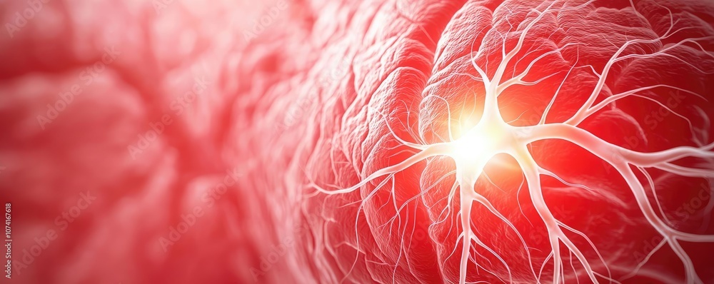 Poster close-up view of neural connections with bright highlights on a red background.