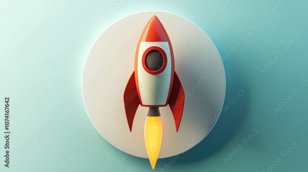 Aufkleber icon rocket on a white circle with a long shadow in a 3d cartoon rendering