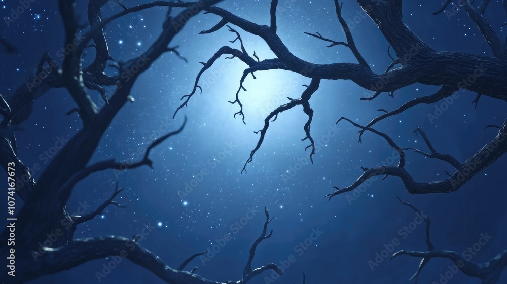 Poster starry sky over tree branches in 3d cartoon rendering