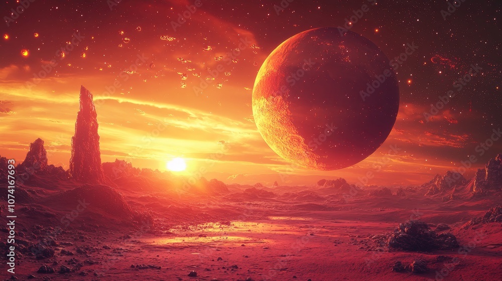 Aufkleber 3D rendering of a space scene featuring a red planet during sunset