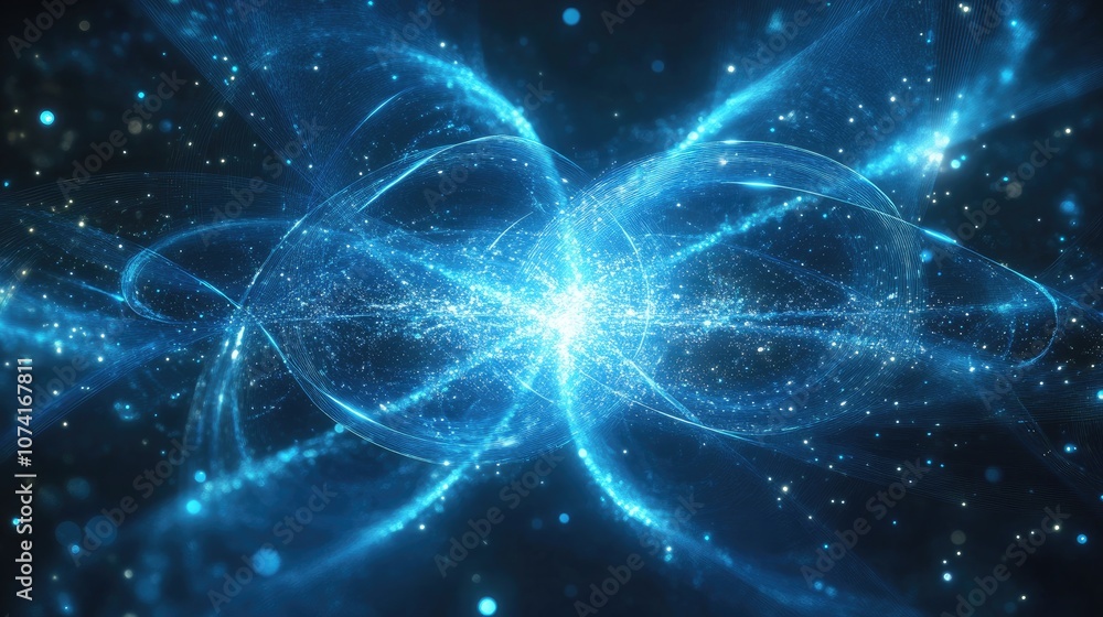 Fototapete Abstract sci fi background featuring 3D cartoon rendering with glowing particles that create curved lines surfaces hologram structures and virtual digital space A blue motion design backdrop with 