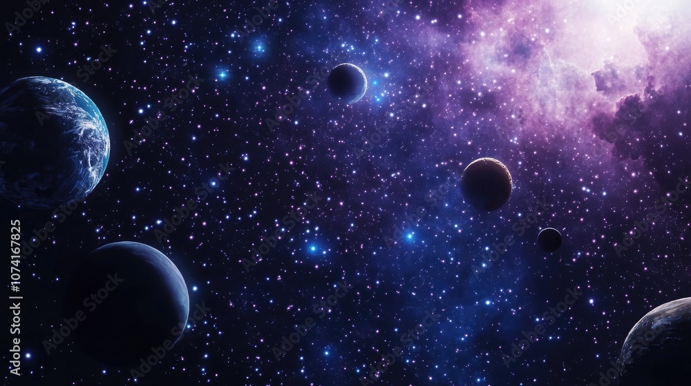 Poster 2D illustration featuring a 3D cartoon rendering of a deep vast space scene Bright stars planets and moons create various science fiction backdrops Space art depicting alien solar systems and dist