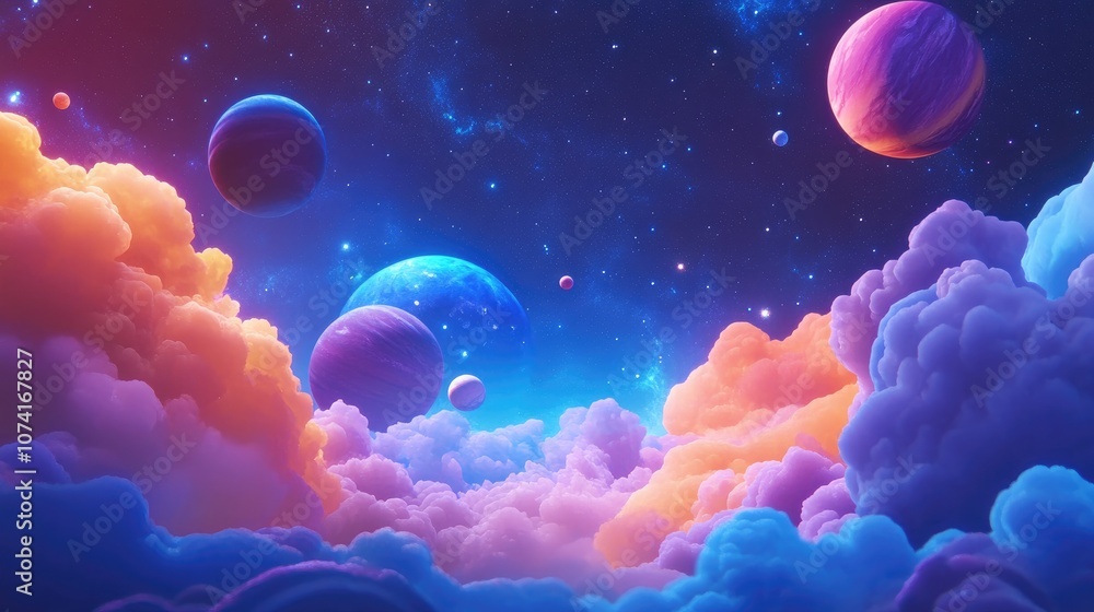 Poster vibrant deep space banner background featuring various stars planets and cloud formations illustrati