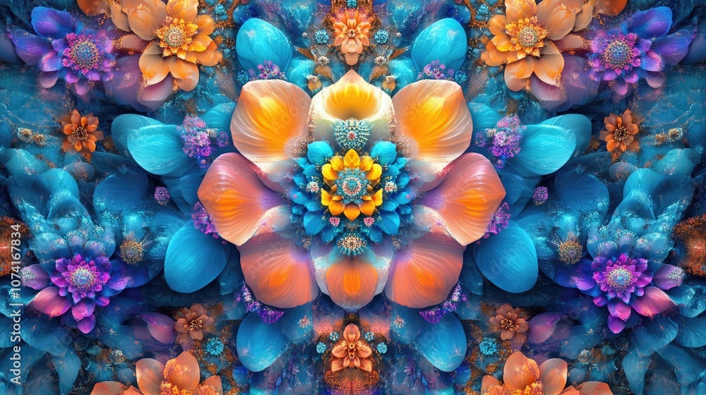 Poster Beautiful Abstract Background in 3D Cartoon Style Modern graphic art featuring colorful floral fractals and digital fantasy effects Trendy desktop wallpaper with a futuristic fractal pattern suita