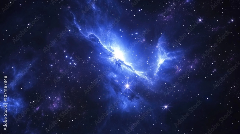 Poster bright stars in a deep space represented in 3d cartoon rendering blue cold nebula against a dark nig