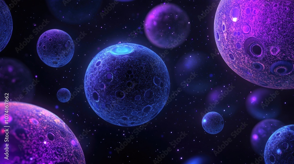 Poster Abstract background featuring glowing earth like balls on a dark backdrop in a 3D cartoon rendering