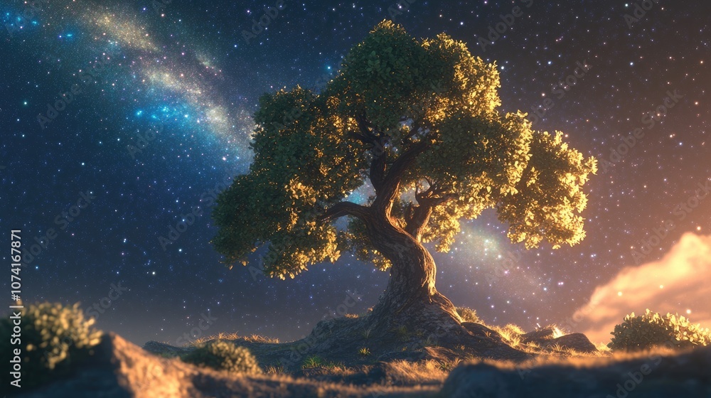 Poster 3d cartoon rendering of a tree beneath the milky way galaxy and star filled skies