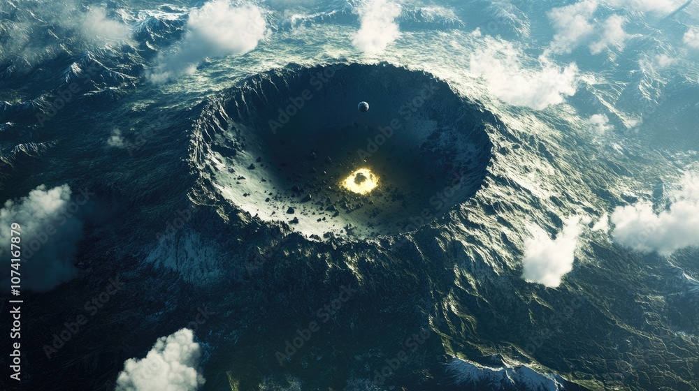 Poster Aerial view from space of a comet meteor deep impact on planet Earth rendered in 3D cartoon style