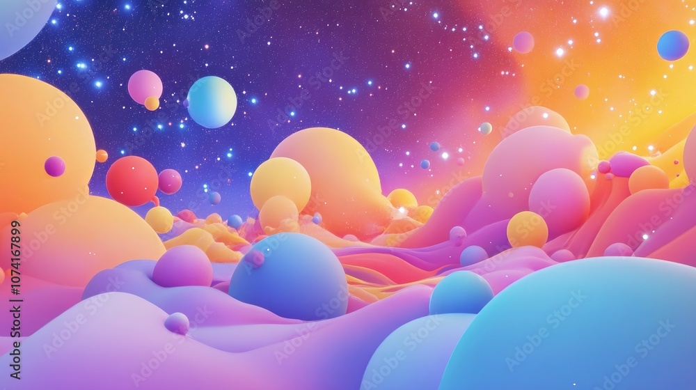 Poster Cartoon style 3D rendering featuring a nebula and stars in a colorful abstract space background
