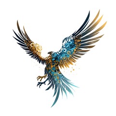 Obraz premium Blue and gold vector wings, soaring eagle silhouette, heart tattoo design