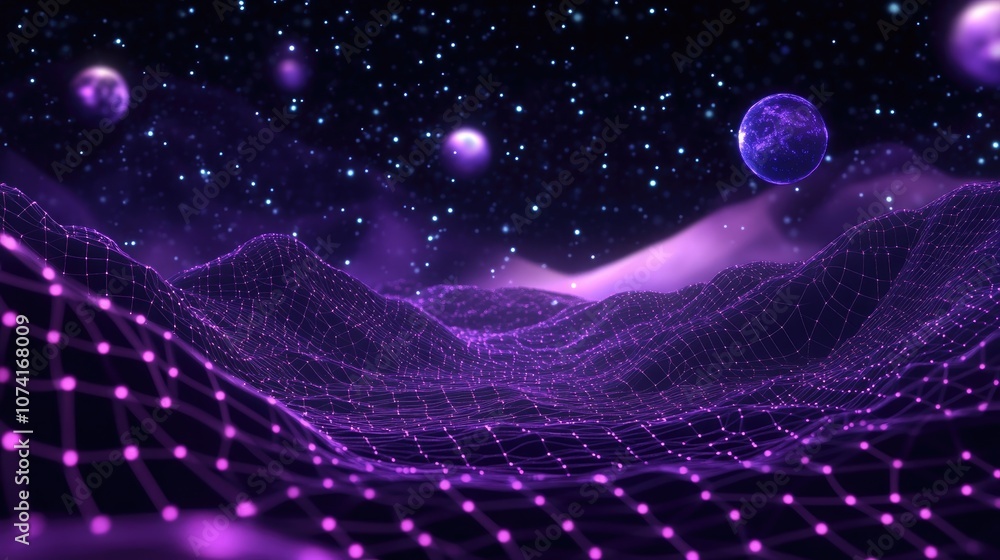 Aufkleber Abstract ultraviolet landscape featuring a dark background with a purple cyberspace grid showcasing a hi tech network and violet starry outer space texture in a 3D cartoon rendering