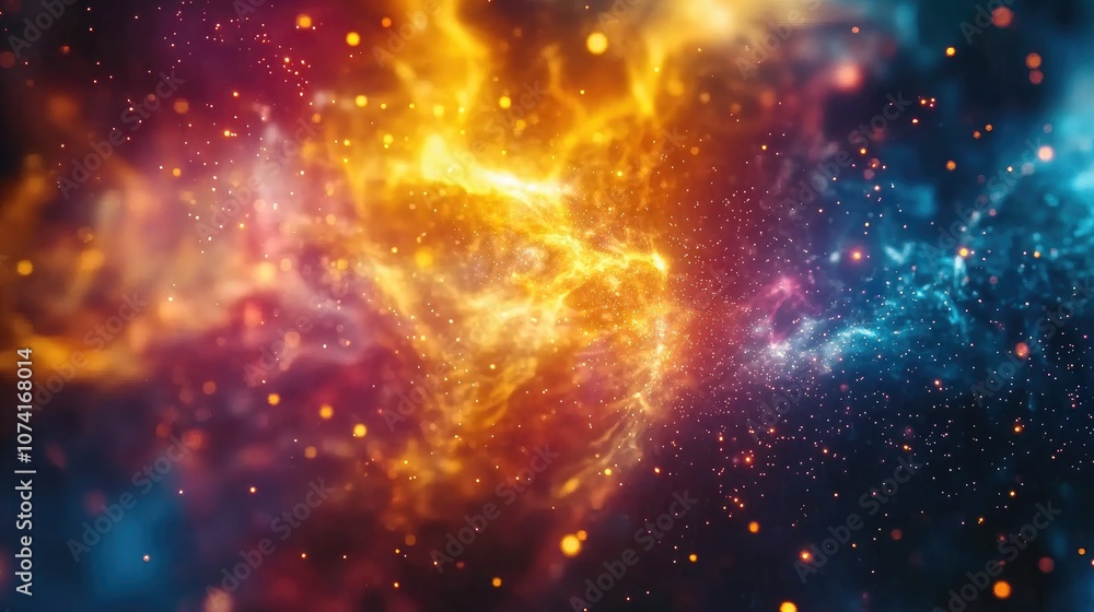 Poster Cosmic space and stars depicted in a 3D cartoon rendering featuring a colorful abstract background with fire effects