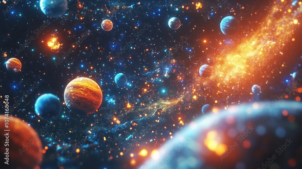 Poster 2D illustration featuring a 3D cartoon rendering of a deep vast space scene Bright stars planets and moons create various science fiction backdrops Space art depicting alien solar systems and dist
