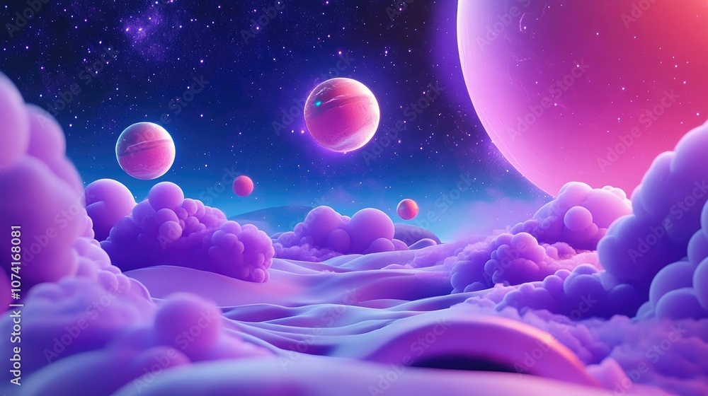 Poster Abstract space scene with 3D effect in cartoon rendering