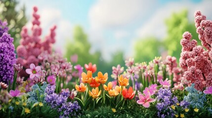 Obraz premium Blooming flowers in a spring garden with 3D cartoon rendering