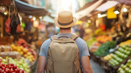 A traveler strolls through a lively Mediterranean market street, surrounded by colorful fruit stands and local vendors