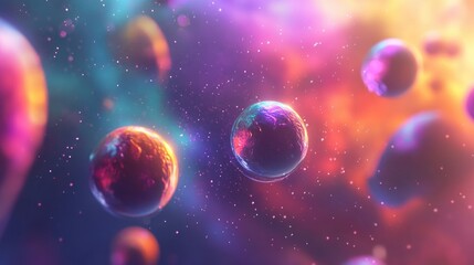 Colorful and blurry elements create a fake space galaxy background in a 3D cartoon rendering