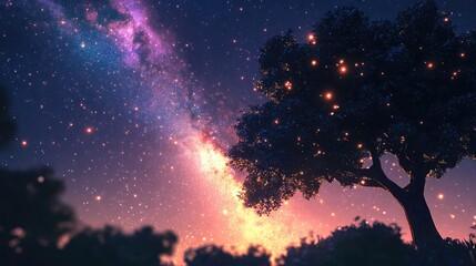 3D cartoon depiction of the Milky Way rising above a tree with long exposure noise often appearing as bright spots