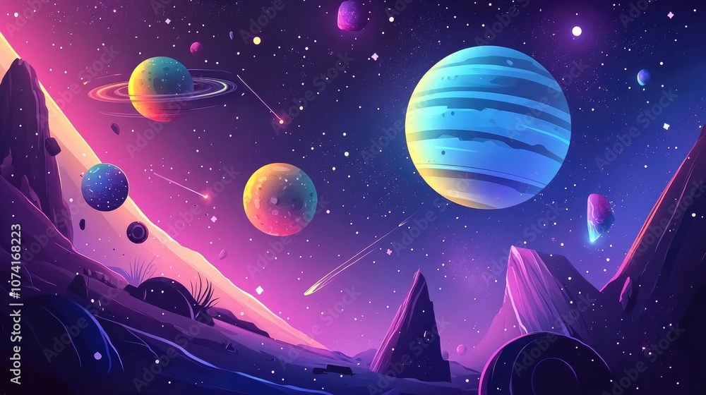 Poster 3d cartoon depiction of a 2d illustration featuring a space scene creative backdrop with deep vastne