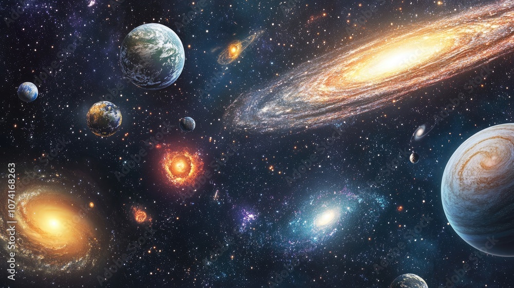 Poster nebula and galaxies in space depicted in 3d cartoon rendering