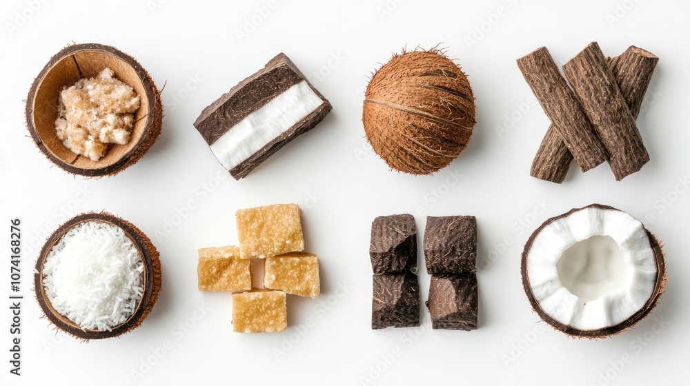 Poster varied coconut pieces arranged on a light background for culinary use generative ai