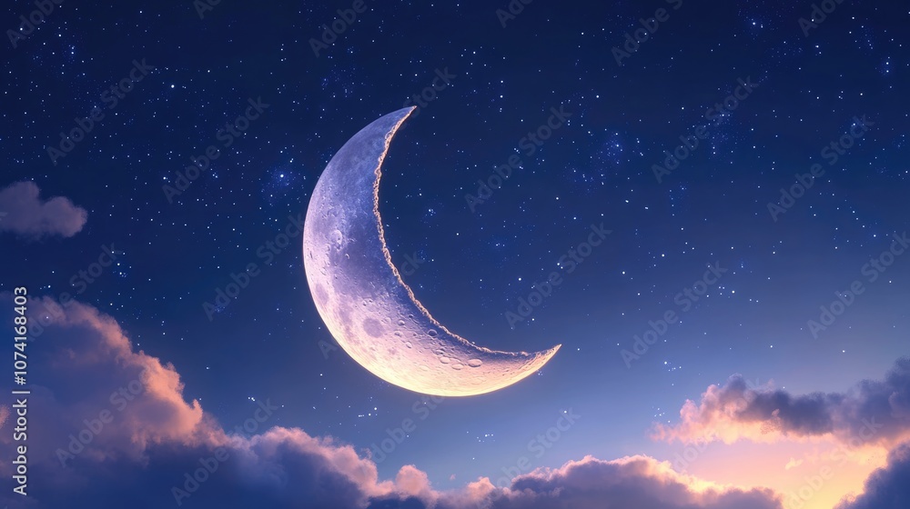 Poster close up view of a half moon during twilight on a clear summer night rendered in 3d cartoon style