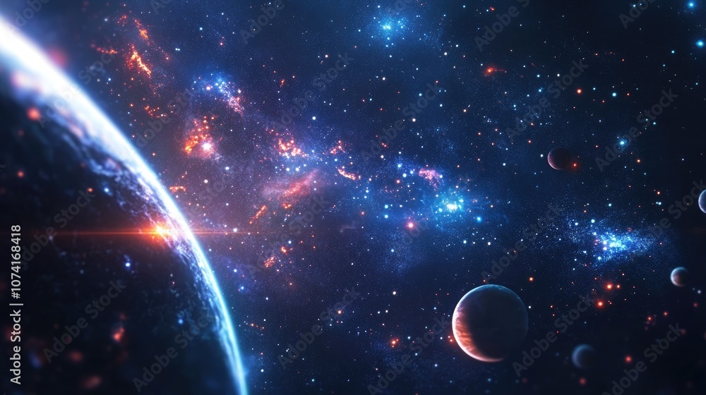 Aufkleber 2D illustration depicted in a 3D cartoon style A deep interstellar space backdrop features bright flashing stars planets moons and comets showcasing various imaginative science fiction settings Sp