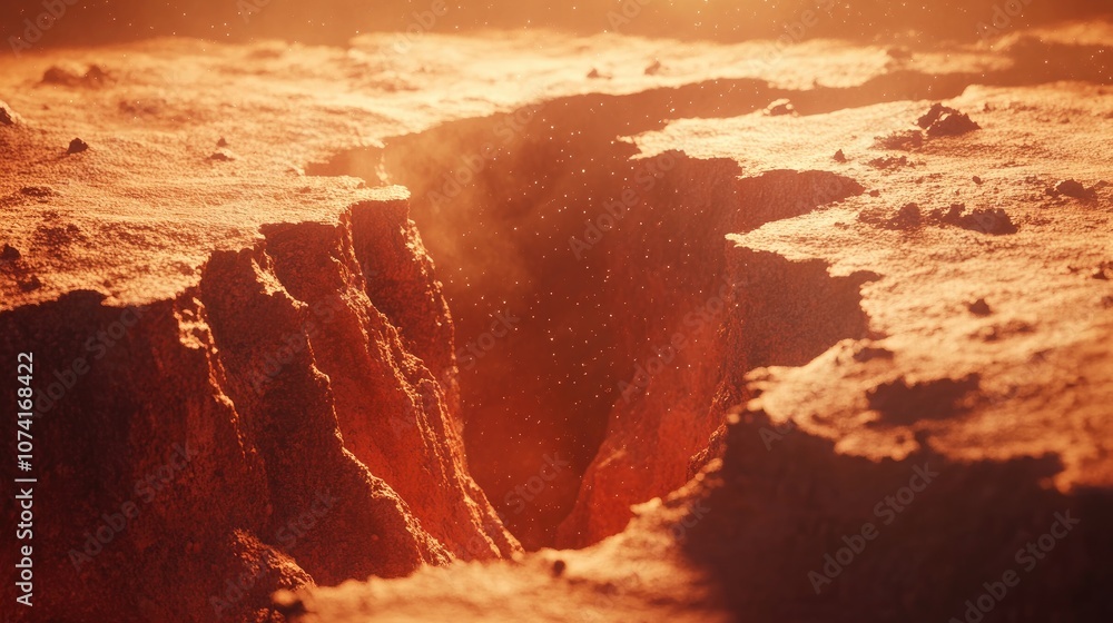 Poster 3D cartoon representation showcasing the surface of a red planet featuring faults and craters in the topography along with a desert viewed in infrared light and a space themed textured backdrop