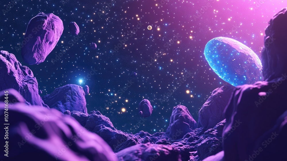 Poster cartoon style 3d rendering of a universe brimming with stars nebulae and galaxies