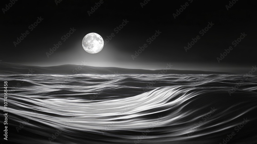 Poster moonlight reflecting on waves at night with a beautiful landscape captured in a long exposure black 