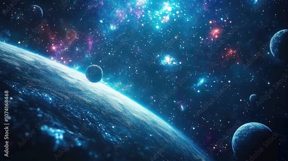 Aufkleber 2D illustration in a cartoon drawing style featuring a 3D rendering of deep interstellar space Includes stars planets moons and a variety of imaginative science fiction backdrops