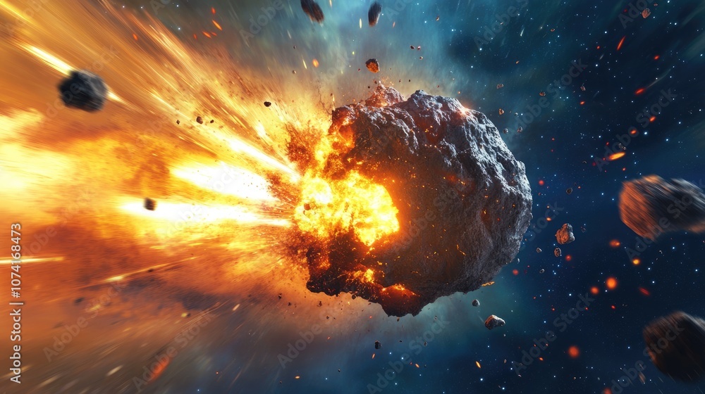 Poster asteroid invasion in the universe depicted in 3d cartoon style abstract representation of a meteor c
